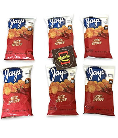 Munchie Box Jay's Hot Stuff Potato Chips an Iconic Chicago Style taste (Pack of ( 6 ) 1.25 Oz Bags)