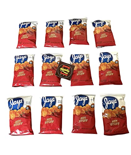 Munchie Box Jay's Hot Stuff Potato Chips an Iconic Chicago Style taste (Pack of ( 12 ) 1.25 Oz Bags)